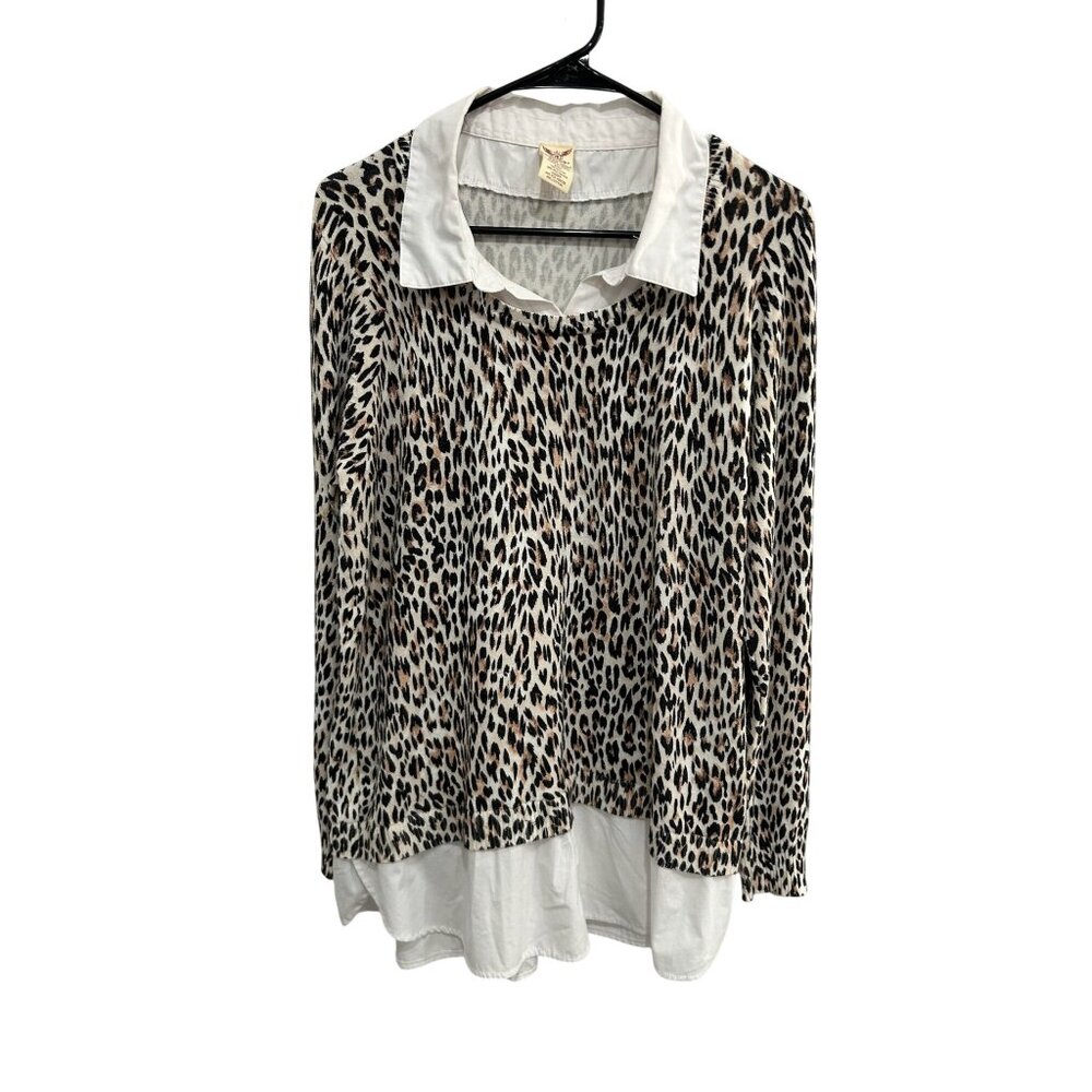 Faded Glory Leopard Print Long Sleeve Collared Layered Blouse Sz XXL Trendy Edgy